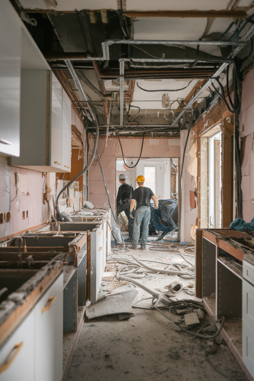 Professional kitchen demolition in progress – exposed structures, careful removal, and safe site management